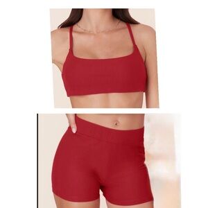 Andie Bikini Set Maui Top Marco Shorts Ribbed Flame Red size L NWOT‎